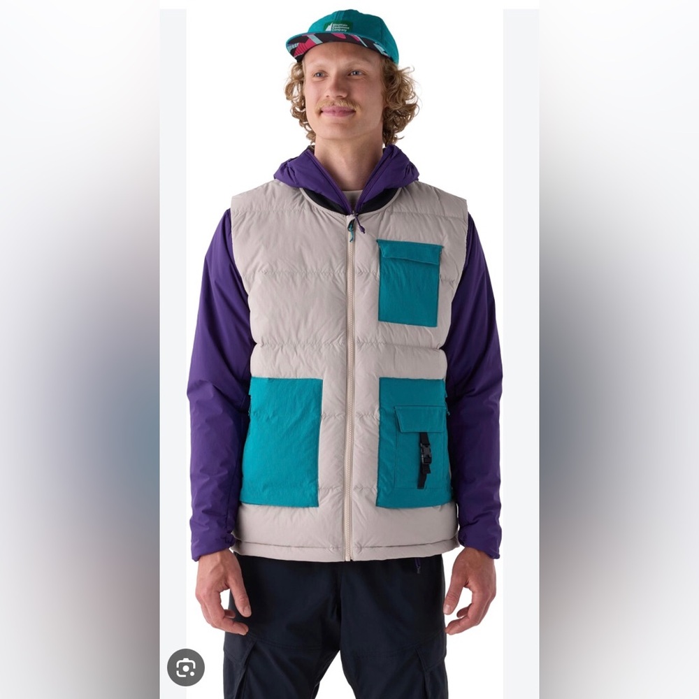 MEC Mountain Equipment Company Unisex Large Down Utility Vest Gray Teal Gorpcore